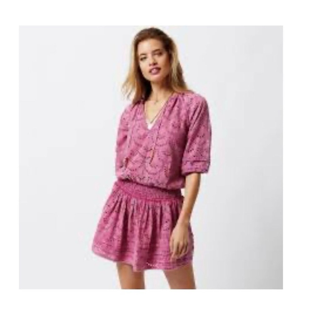Chloe Oliver Anthropologie Eyelet Lace Smocked Mini Dress Cotton Pink Sz XS